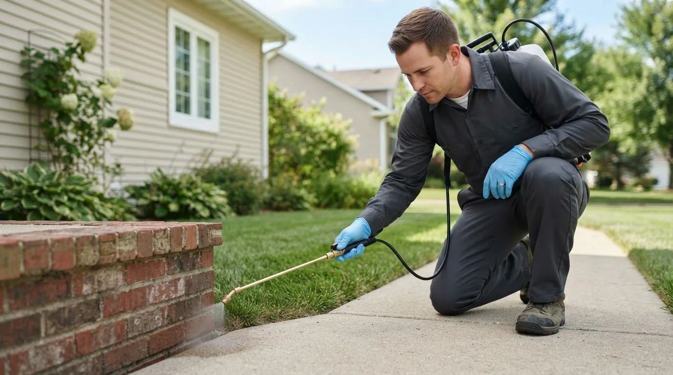 Pest control technician treating a home near Oberon, ND