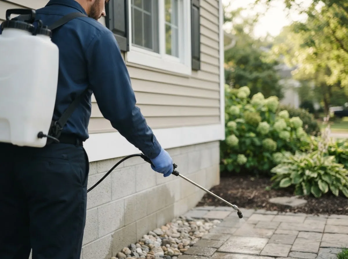 Pest control technician inspecting a home in Oberon, ND